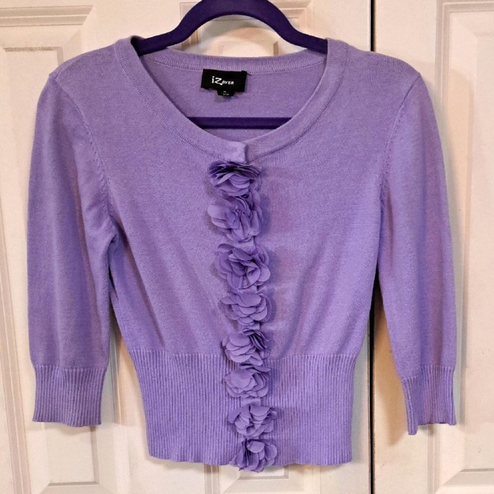 Iz Byer Women's Purple Sweater with Floral Detail